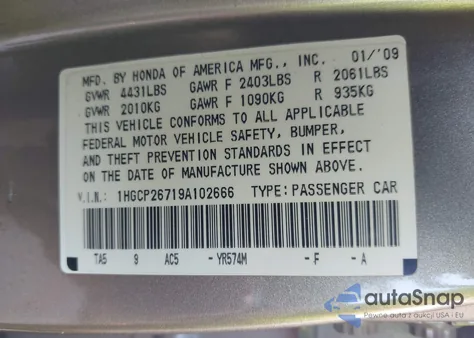 2009 Honda Accord 2.4 Ex z USA, uszkodzony, nr VIN 1HGCP26719A102666
